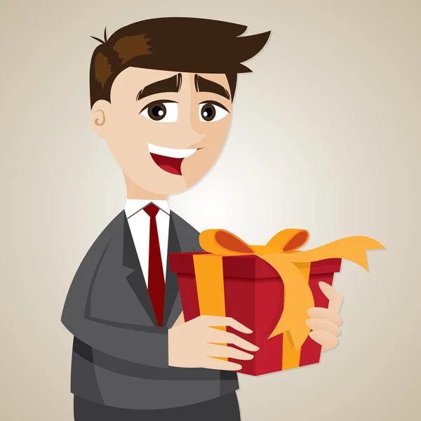 Dibujos animados hombre de negocios con caja de regalo — Vector de stock