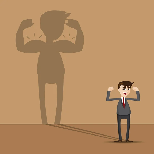 Homme d'affaires dessin animé avec biceps ombre sur le mur — Image vectorielle