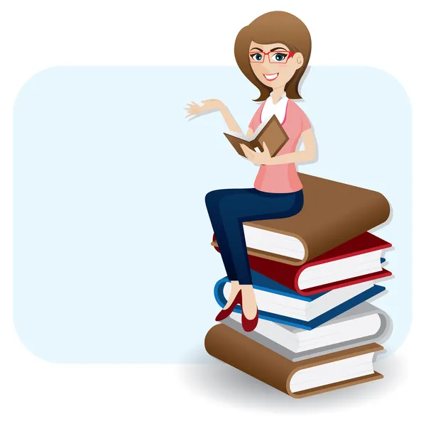 Cartoon woman reading book on stack of book — Stock Vector