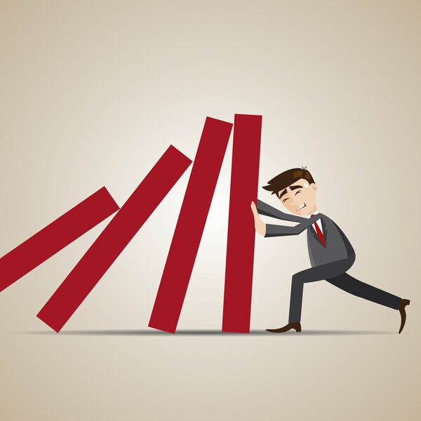 cartoon businessman resist dominos falling
