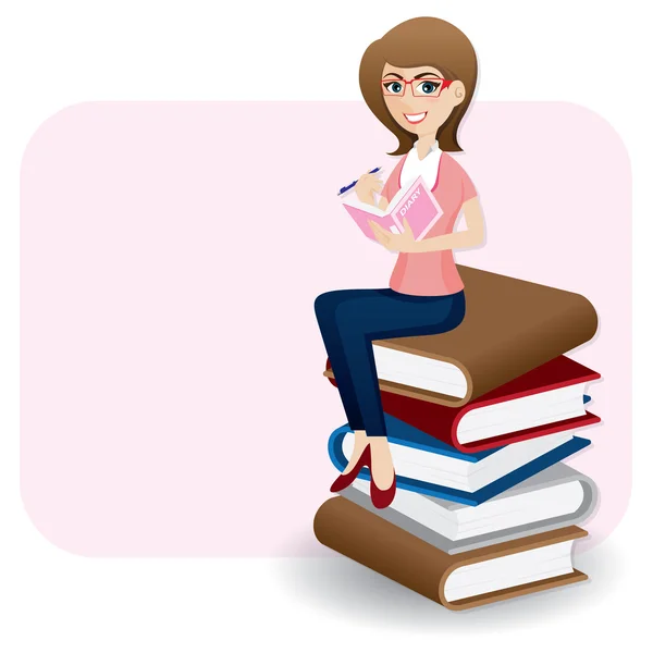 Cartoon woman writing diary on stack of book — Stock Vector