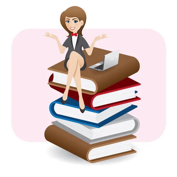 Femme d'affaires dessin animé assis sur la pile de livre avec tour d'ordinateur — Image vectorielle