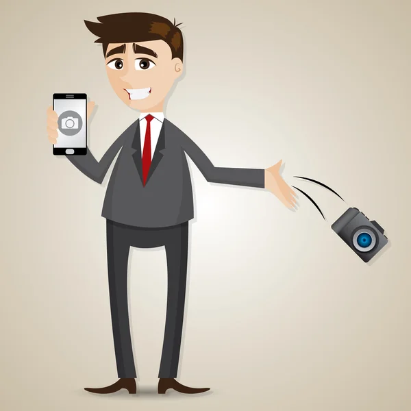 Dessin animé homme d'affaires drop camera et montrant la caméra dans le smartphone — Image vectorielle