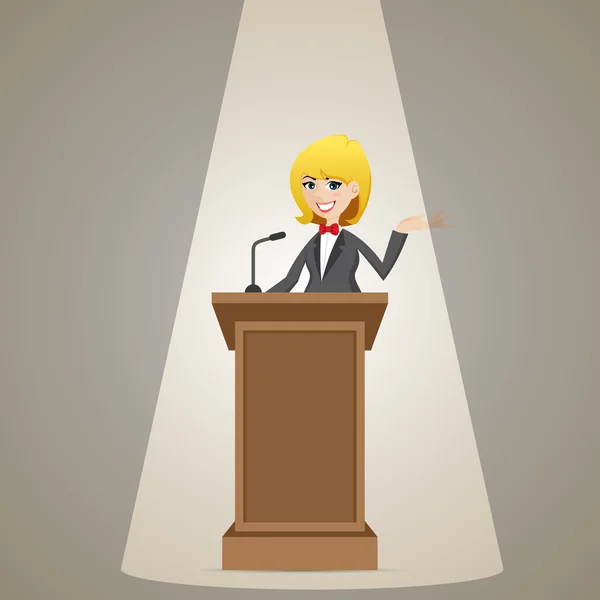 Cartoon businesswoman talking on podium — Stock Vector