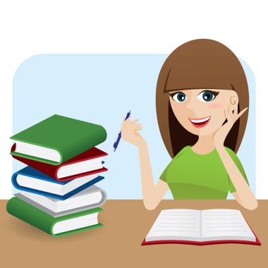 karikatür akıllı kız masa kitap yazma