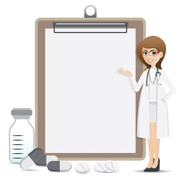 Cartoon smart pharmacist presentation with blank clip board — Stock Vector