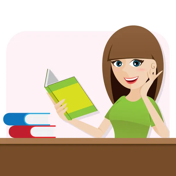 Cartoon smart girl reading book on table — Stock Vector