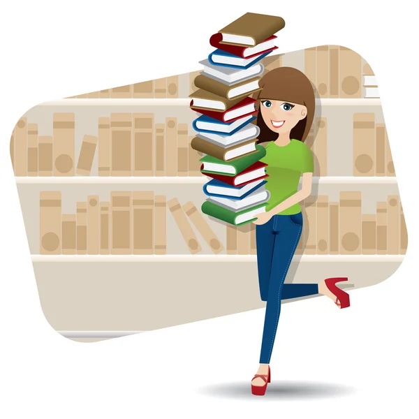 Desenho animado menina inteligente carregando pilha de livro na biblioteca —  Vetores de Stock