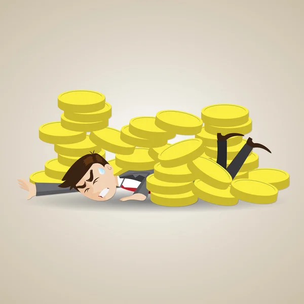 Cartoon businessman under stack of gold coin — Stock Vector