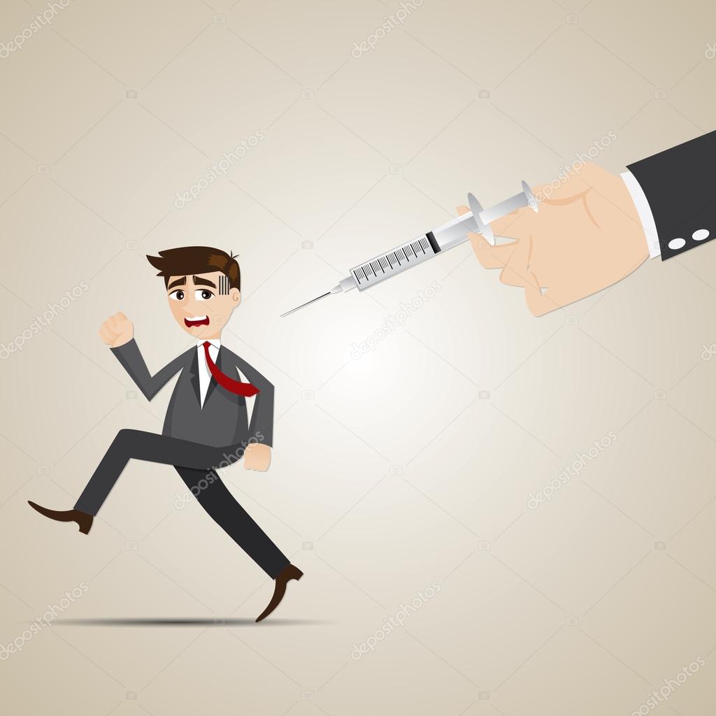 cartoon businessman run away from vaccination