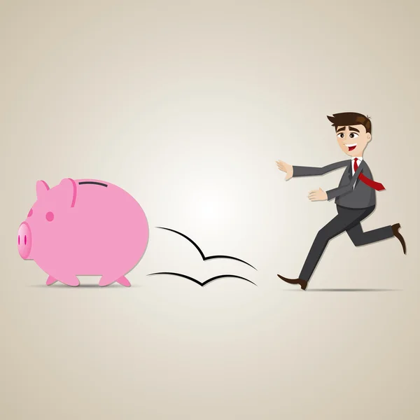 Desenhos animados empresário perseguindo porquinho banco —  Vetores de Stock
