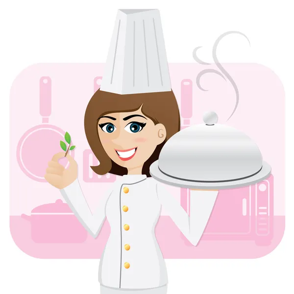 Cartoon girl chef serving food with herb — Stock Vector