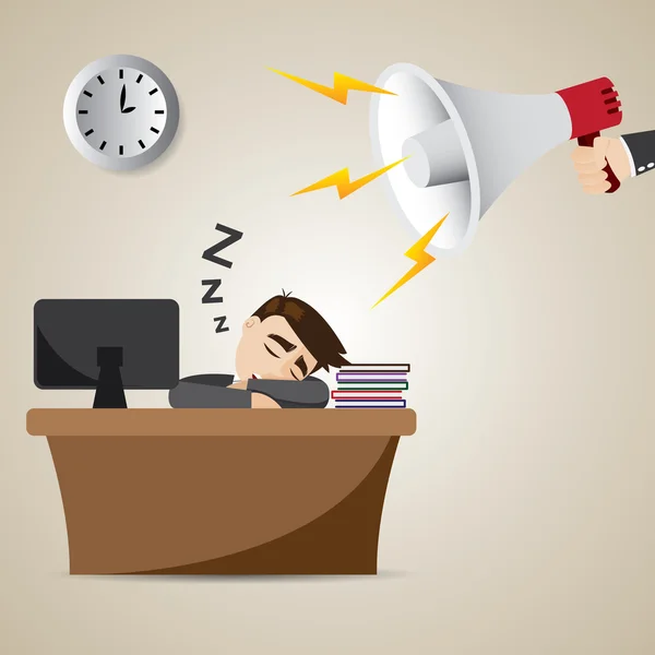 Cartoon businessman sleeping at working time with megaphone — Stock Vector