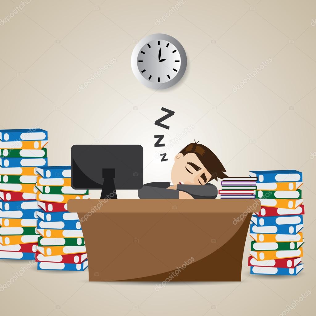 cartoon businessman sleeping at working time
