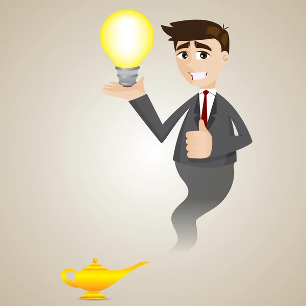 Cartoon zakenman uit magische lamp weergegeven: idee lamp — Stockvector