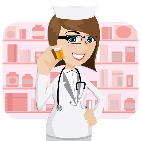 Cartoon girl pharmacist showing medicine bottle — Stock Vector