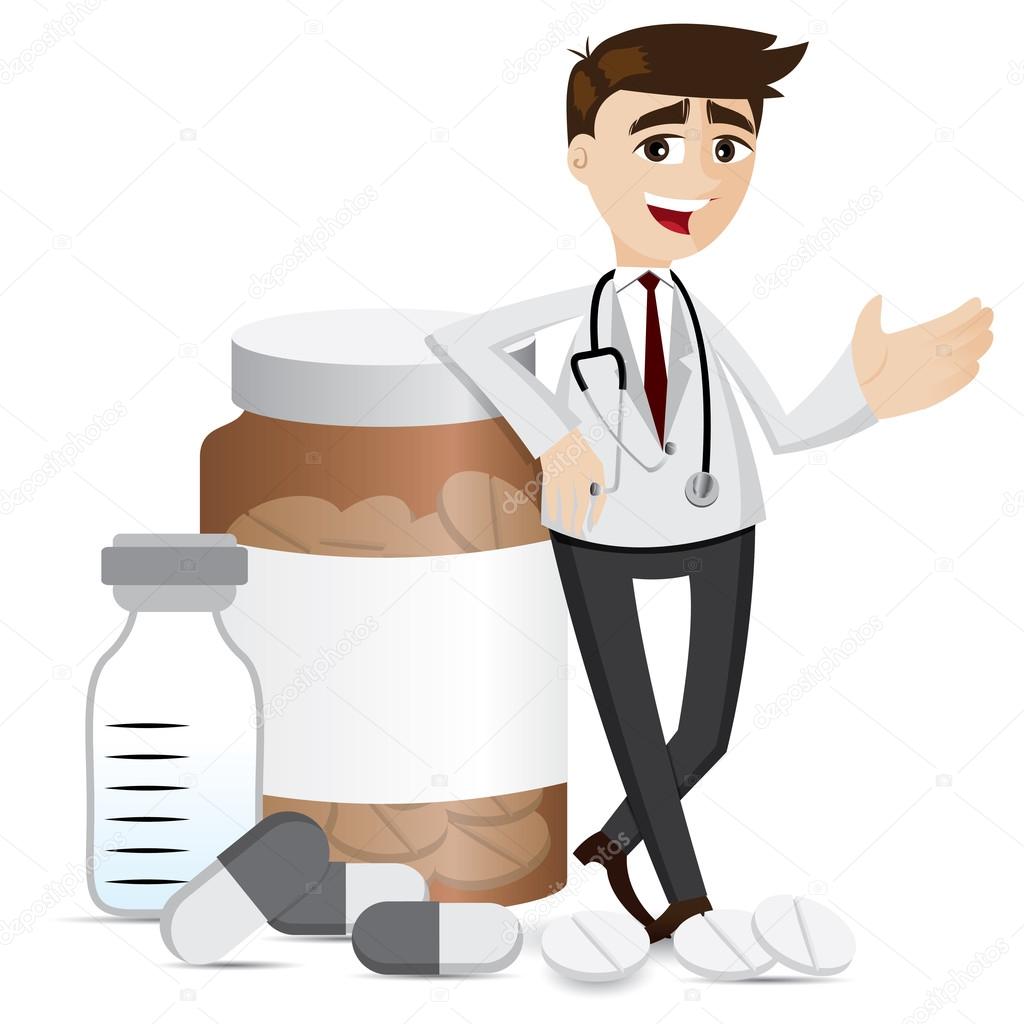 cartoon pharmacist with medicine pills and bottle
