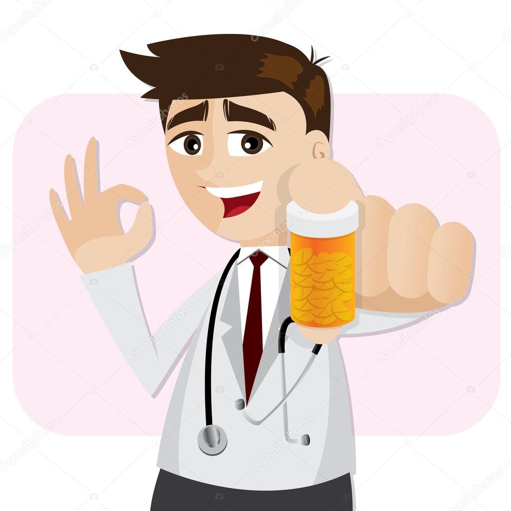 cartoon pharmacist showing medicine bottle