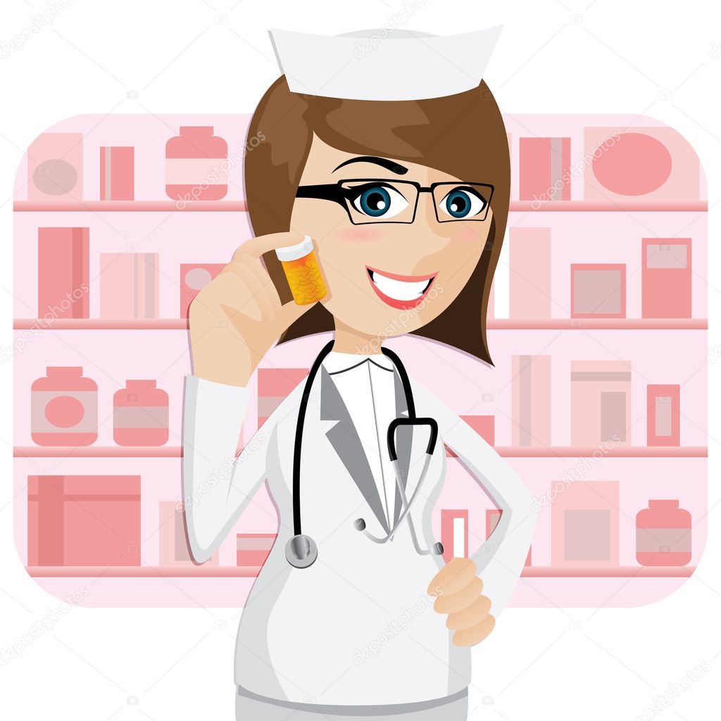 cartoon girl pharmacist showing medicine bottle