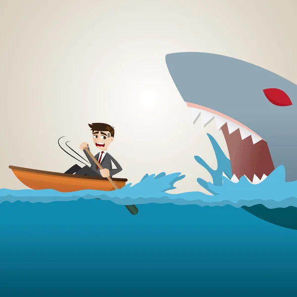 Γελοιογραφία επιχειρηματίας κωπηλασία διαφυγής από καρχαρία — Διανυσματικό Αρχείο