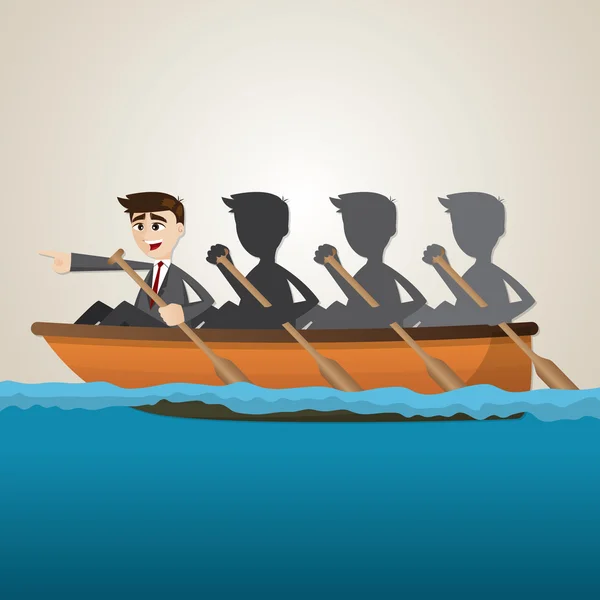 Cartoon business team rowing on sea — Stock Vector