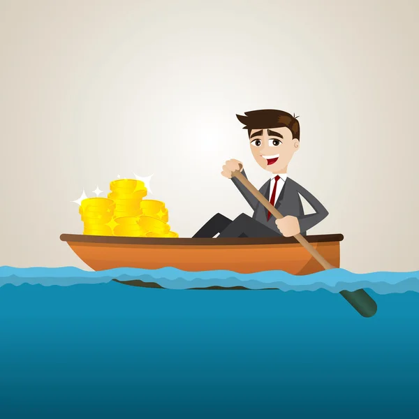 Cartoon businessman with gold coin on ship — Stock Vector