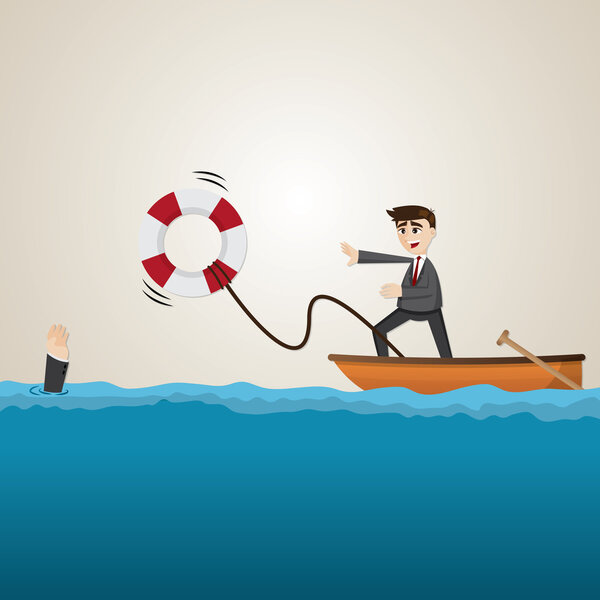 мультипликационный бизнесмен помогает товарищу по команде с спасательным буем
