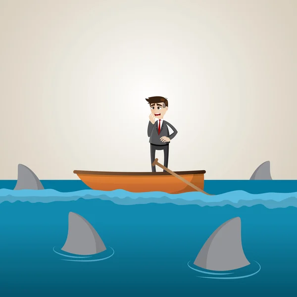 Cartoon businessman on boat with shark in sea — Stock Vector