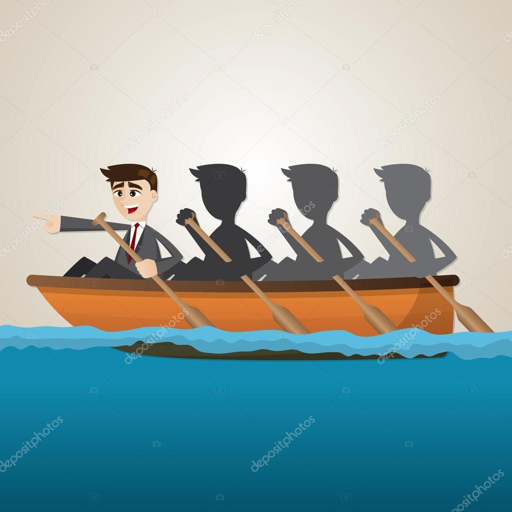 cartoon business team rowing on sea