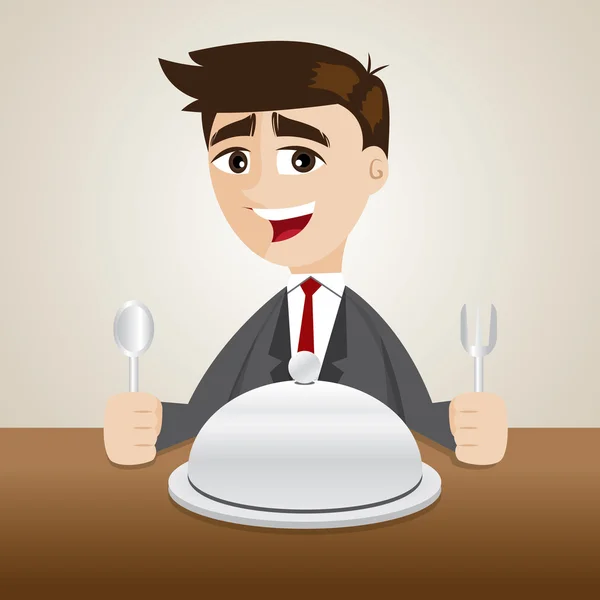 Cartoon businessman with food tray on table — Stock Vector