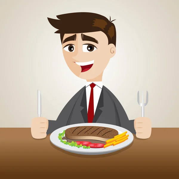 Cartoon businessman dinner with steak — Stock Vector