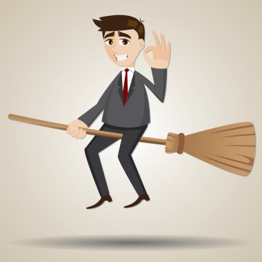 sihirli süpürge üzerinde yüzen karikatür işadamı