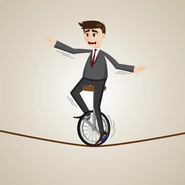 Karikatür işadamı ipe tek tekerlekli sirk bisikletine binme — Stok Vektör