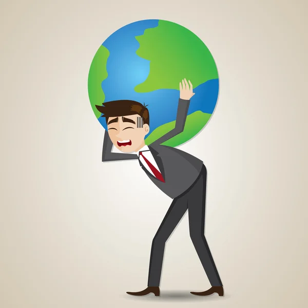 Homem de negócios dos desenhos animados carregando globo no ombro —  Vetores de Stock
