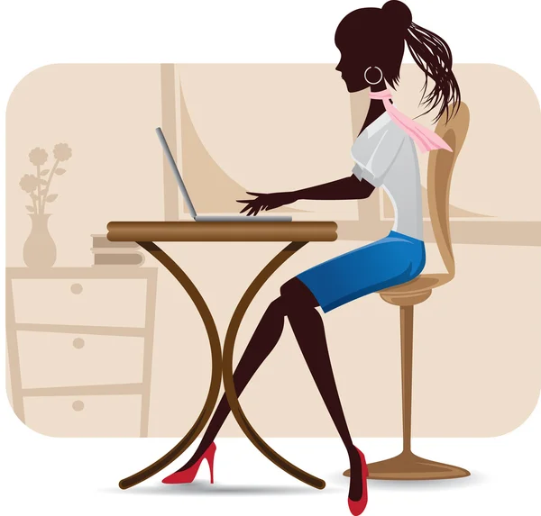 Silhouet van werkende vrouw met laptop — Stockvector