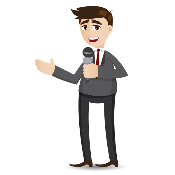Cartoon businessman tailking with microphone — Stock Vector