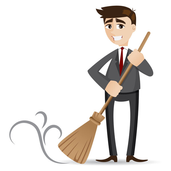 cartoon businessman cleaning with broom