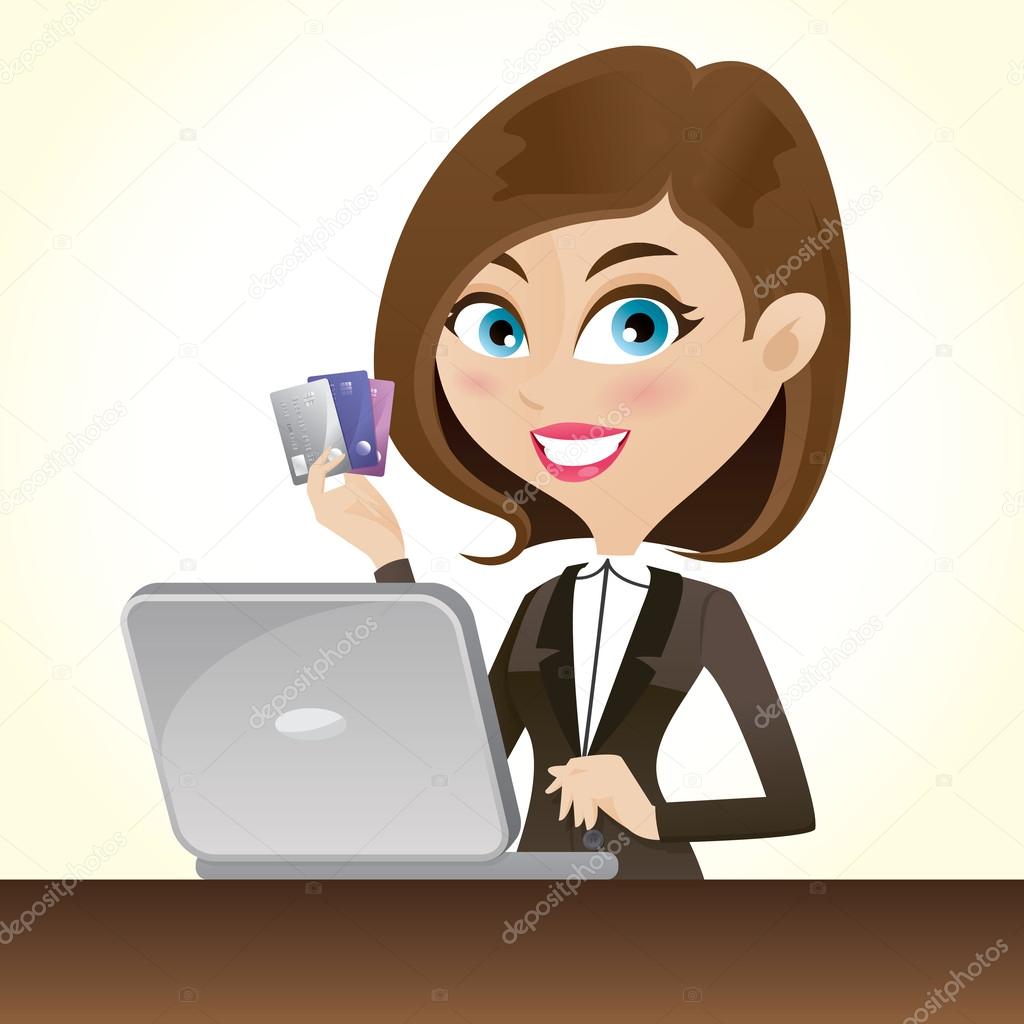 cartoon smart girl with credit cards and laptop