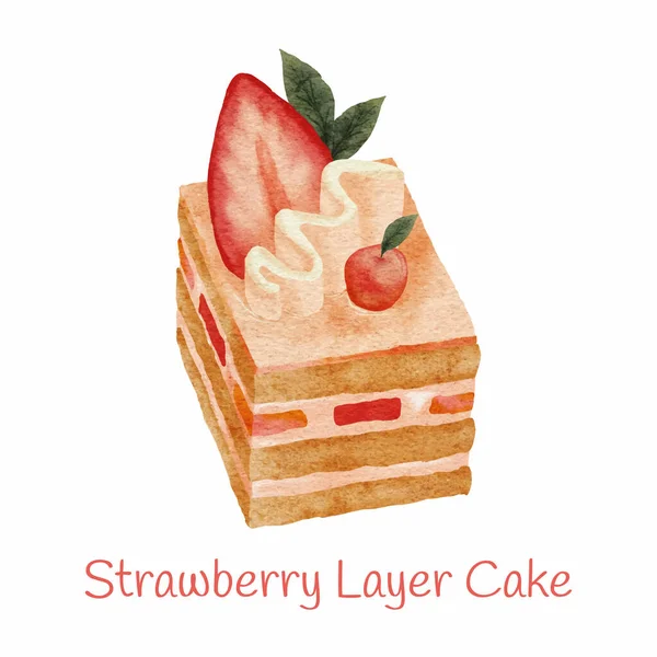 Watercolor Sweet Dessert Strawberry Layer Cake Illustration — Stock Vector