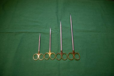 Farklı boyutlarda cerrahi makas yeşil bir zeminde yan yana yatar.