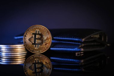 Bir bitcoin ve diğer madeni paralar bir cüzdanın yanında duruyor. 