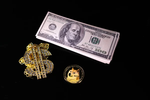 One Dogecoin Coin Lies Next Stack 100 Bills Diamond Studded — Stockfoto