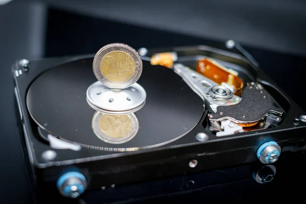 Euro Coin Standing Open Hard Drive — Fotografia de Stock