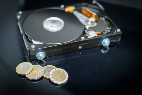 Euro Coins Lie Next Open Hard Drive — стоковое фото