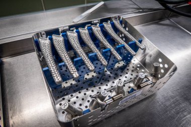 some surgical rasps for a transfemoral prosthesis lie in an instrument container