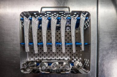 some surgical rasps for a transfemoral prosthesis lie in an instrument container