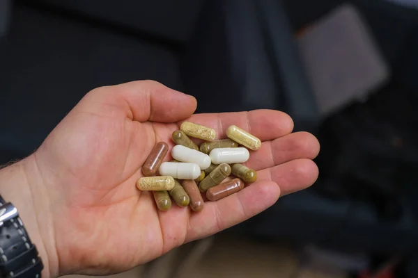 Some Different Pills Held One Hand — Stock Photo, Image