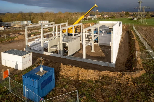 Basisstructuur Van Een Industrieel Gebouw Wordt Gebouwd Een Bouwplaats Drone — Stockfoto