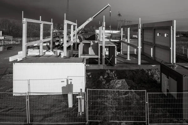 Die Grundstruktur Eines Industriegebäudes Wird Auf Einer Baustelle Errichtet Drohnenschuss — Stockfoto