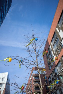 Büyük şehirde ağaçta asılı renkli paskalya yumurtaları